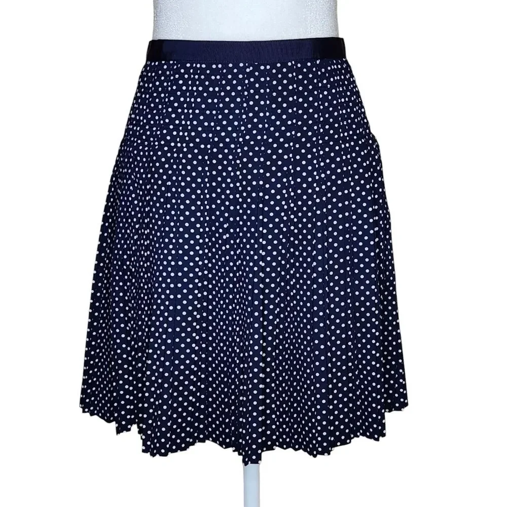 J. Crew Navy White Polka Dot Pleated Knee Length Skirt Women's 8 Preppy Academia